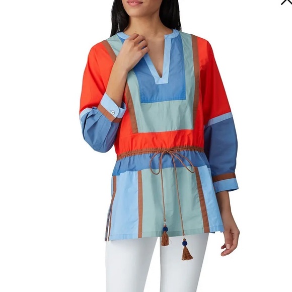 Tory Burch Colorblock Poplin Tunic Top V-Neck 3/4 Sleeve Tie Waist Tasseled - Picture 11 of 11